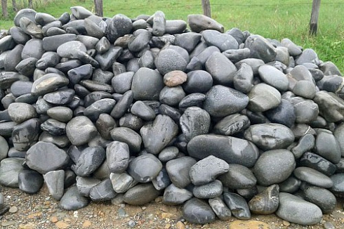 Kamenclub.ru: Темно-серый валунчик фр.100-300 мм.  купить в Коломне крупный природный камень серый, темно-серый, светло-серый речная галька большого размера окатанная 4500 руб/т   фото КАМЕНЬ КЛУБ